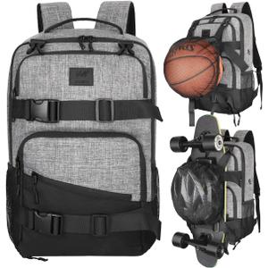 WOLT Skateboard Backpack, 15.6 Inch Laptop Backpack for Men Women, Sports Backpack with Ball Holder (Grey)