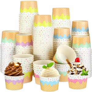 Panelee 100 Pcs Ice Cream Bowls 9 oz Ice Cream Cups Disposable Ice Cream Containers Sundae Bowls Paper Dessert Bowls for Summer Birthday Party Yogurt Soup Food Supplies (Ice Cream Style)