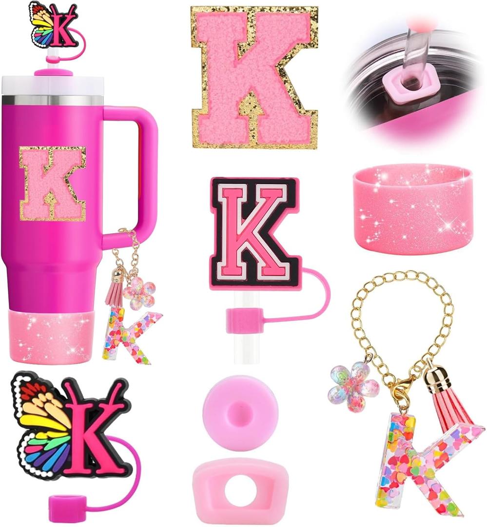 2 x 7PCS Stanley Cup Accessories Set - Pink Tumbler Initials Decorations for 30oz 40oz, Includes Bow Straw Topper, Handle Charm, Letter Sticker, Silicone Boot, Spill Proof Stopper (Letter A-Z)