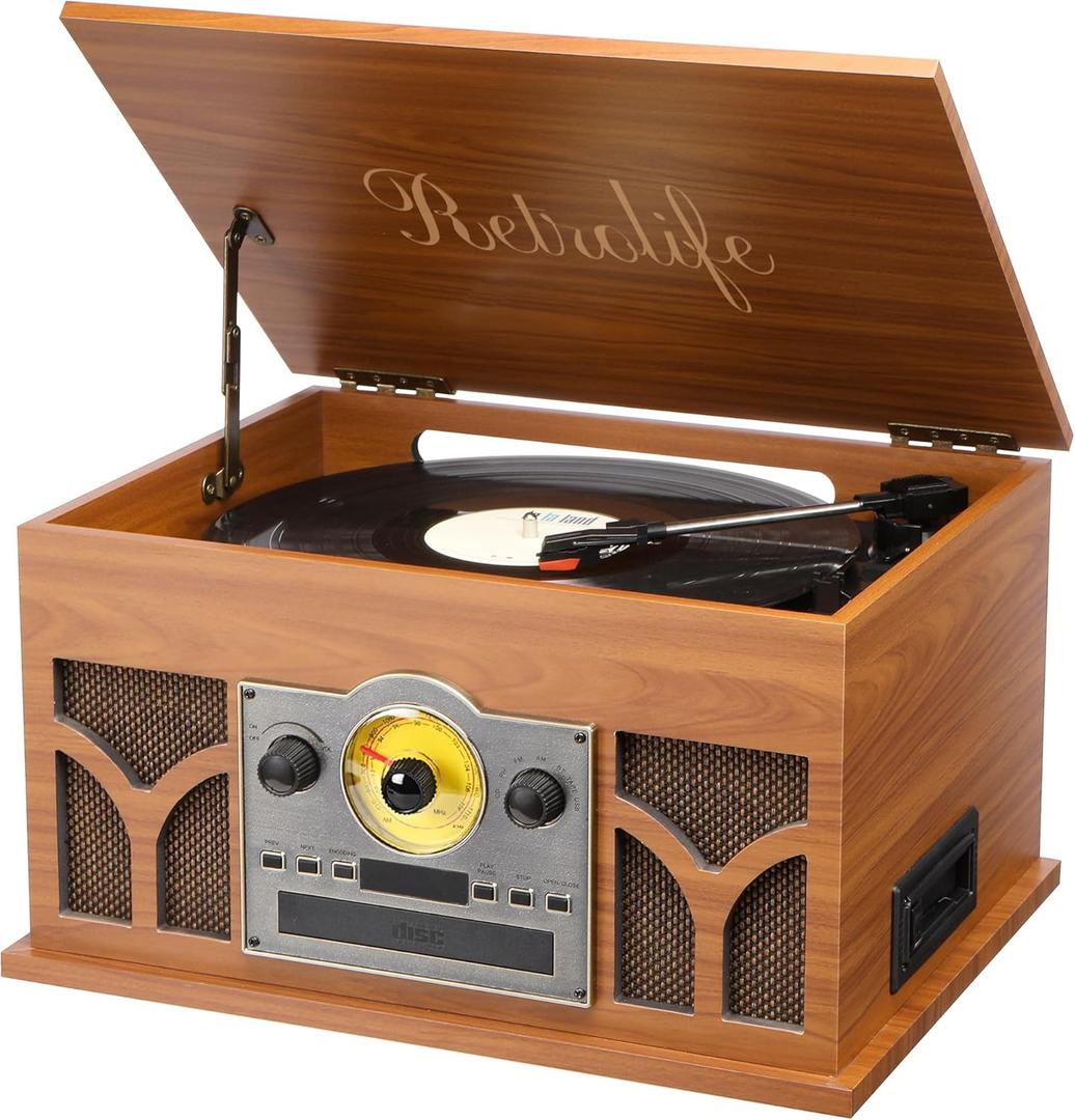 10-in-1 Record Player with Built-in Speakers Wireless Playback, CD & Cassette Player, USB Player, AM/FM Radio, 3 Speeds Turntable Vinyl Record Player Mahogany