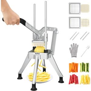Commercial French Fry Cutter with 1/2 Inch and 3/8 Inch Blade, Heavy Duty Potato Slicer, Stainless Steel Potatoes Cutter for Restaurant & Home Kitchen