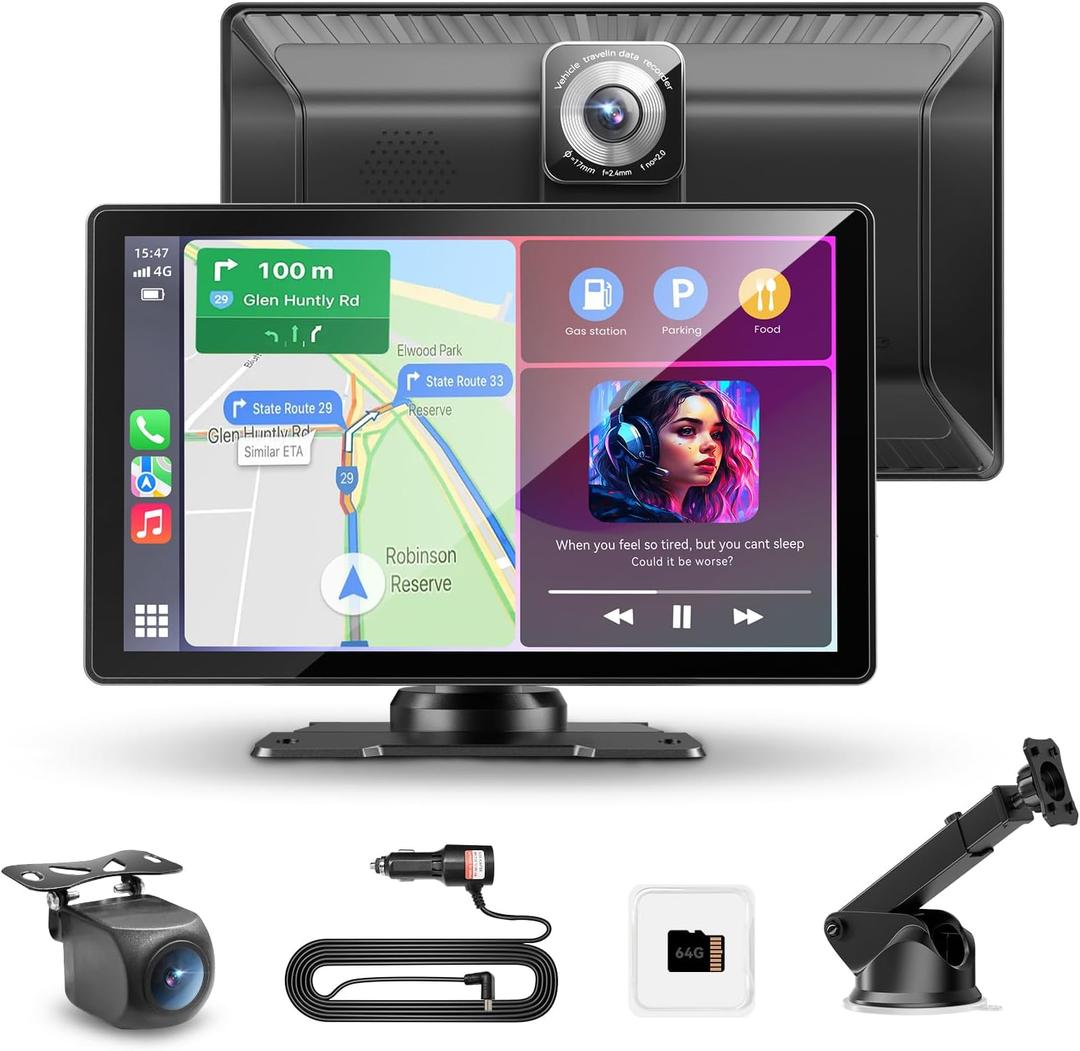 Portable Apple Carplay Screen for Car, 9" Car Play Touchscreen, 4K Dash Cam, 1080P Backup Camera, Wireless Carplay, Android Auto, Mirror Link, GPS Navigation, Voice Control (9inch)