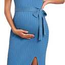 V FOR CITY Maternity Dress for Baby Shower Cable Knit Slit Pregnancy Dresses Casual Sleeveless Bodycon Pregnant Clothes (Medium, Blue)