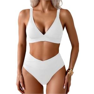 Memashore Sexy Ribbed Bikini Set 2 Piece Womens High Waisted V-Cut Cheeky High Leg Tummy Control Longline Swimsuit S