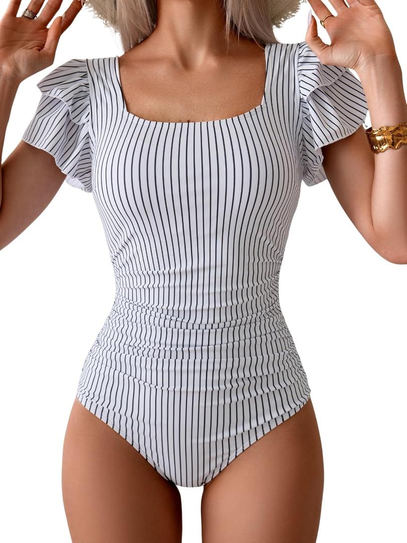 Eomenie Women's Tummy Control One Piece Swimsuit Ruffle Square Neck Bathing Suit Ruched Cutout Back Slimming Swimwear (L, Black White Stripes