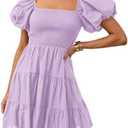 ZESICA Women's Boho 2025 Summer Square Neck Puff Sleeve Off Shoulder Smocked Tiered Casual A Line Short Mini Dress, Size Large 