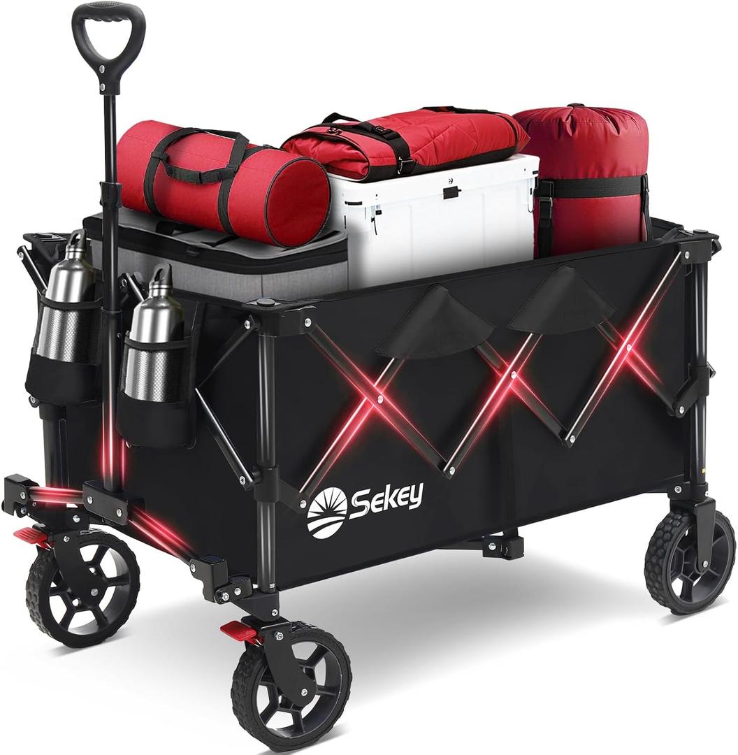 Sekey Collapsible Foldable Wagon with 330lbs Weight Capacity, Heavy Duty Folding Wagon Cart with Big All-Terrain Wheels & Drink Holders. Black