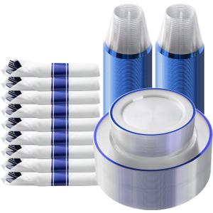 Goodluck 175 Piece Dark Blue Plastic Dinnerware Set for Party, Clear Disposable Plates for 25 Guests, Includes: 25 Dinner Plates, 25 Dessert Plates, 25 Pre-Rolled Napkins with Cutlery Set, 25 Cups