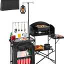 VEVOR Camping Kitchen Table, Outdoor Camp Cooking Table, Aluminum Portable Cook Station with Storage Cupboard, Carrying Bag, Detachable Windscreen, Quick Set-up for BBQ Party Picnic RV Travel, Black