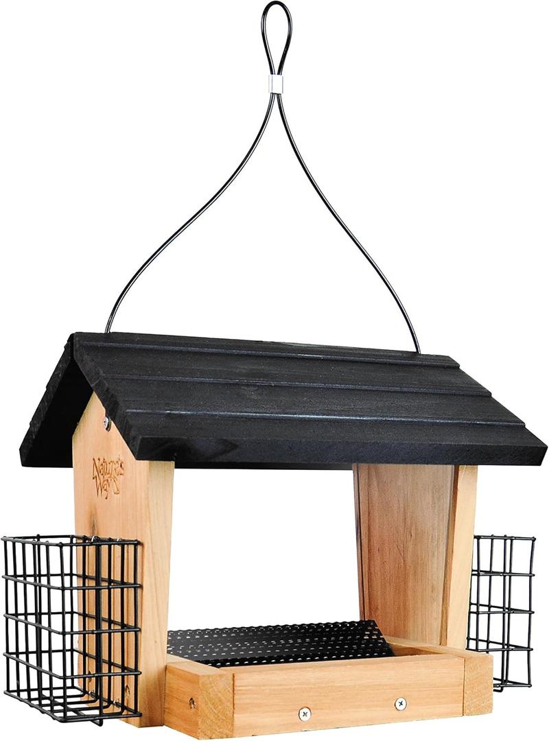 Nature's Way CWF28 Cedar Hopper Bird Feeder with Suet Cage, 8 x 12.5 x 8.5, Black