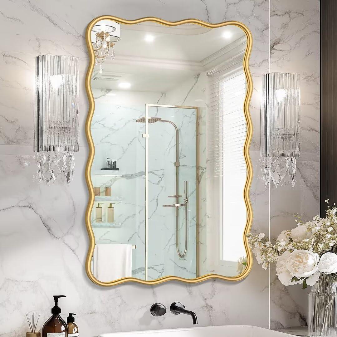 PROHOMEWARE 24 * 36" Gold Bathroom Mirror for Wall,Wavy Rectangular Mirror,Vanity Mirror,Bathroom Mirrors for Wall,Wall-Mounted Metal Frame Mirror for Bedroom Entryway Living Room Farmhouse (Gold)