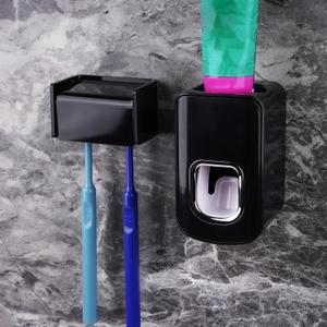 2 Slots Wall Mount Toothbrush Holder with Cover, Self Adhesive Toothbrush Storage Organizer for Shower, Toothbrush Hanger with Automatic Toothpaste Squeezer Dispenser(Black) (Combination A: 1PACK)
