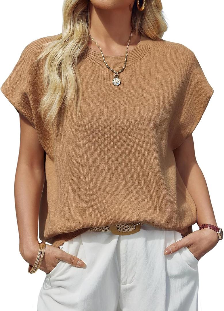 Saodimallsu Womens Cap Sleeve Sweater Top Summer Crew Neck Trendy Going Out Loose Knit Shirt (Black)