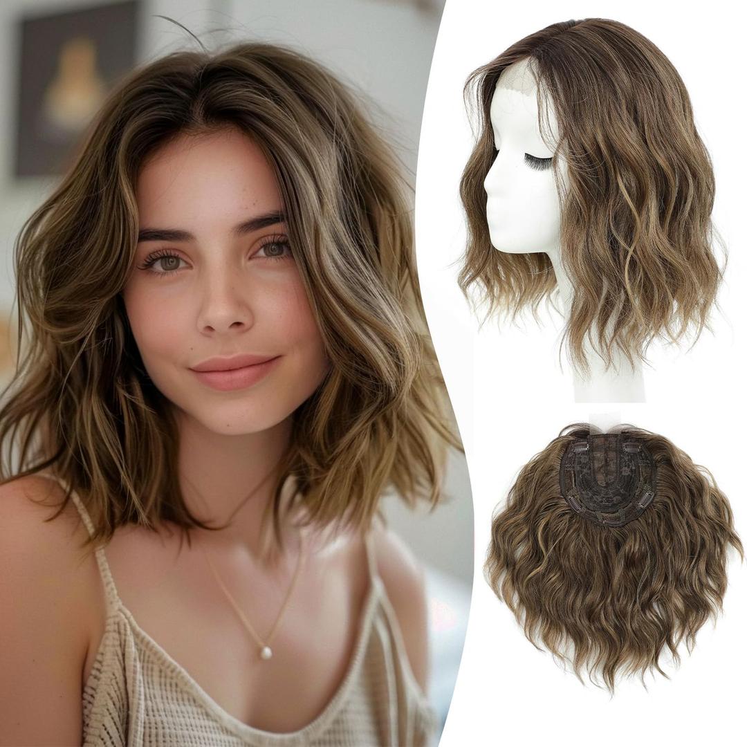 MORICHY 10 Inch Short Wavy Hair Topper for Women, Lightweight & Breathable Wiglet for Thinning Hair with 6.5"x6.5" Base, Instantly Adds Volume and Coverage (Dirty Brown with Dark Root)