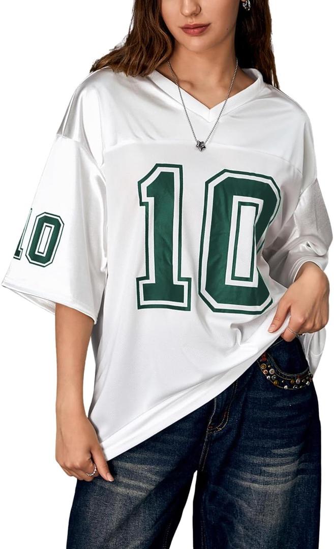 Verdusa Women's Oversized Jersey Shirt Graphic Tees V Neck Short Sleeve Vintage T Shirts (White, S)