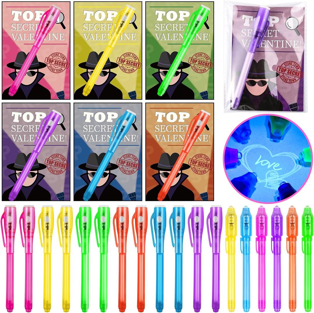 24 Pack Valentines Day Gifts for Kids Classroom Invisible Ink Pen with Valentines Cards, Valentines Party Favors for Kids School Spy Pen Magic Gifts Valentines Pens for Class Exchange Card Prizes