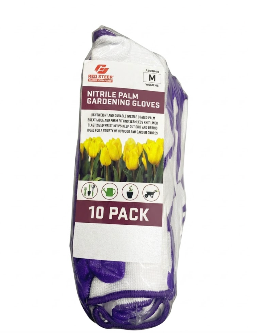 RED STEER GLOVE COMPANY, NITRILE PALM GARDENING GLOVES,PACK OF 10, (White& Purple)