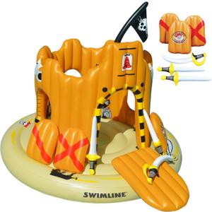 SWIMLINE Giant Inflatable Pirate Castle Pool Float For Kids And Adults Size| Floating Kingdom Raft Lounger Combo With Gate Shield Windows & Accessories For Pools Lakes Beach | Fits Up To 4 People