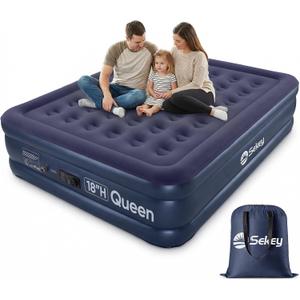 Sekey Queen Air Mattress with Built-in Pump, 18" Raised Inflatable Bed with Anti-Deflation Technology, Odorless & Puncture Resistant Blow Up Mattress for Home Guests & Travel, 660 lbs Capacity