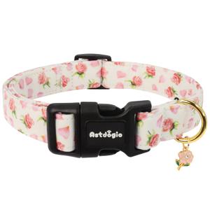 Astdogio Large Dog Collar, Spring &Summer Theme White Dog Collars with Pink Rose Pattern, Adjustable Dog Collars for Large Dogs, Cute Girl or Boy Dog Collar Ideal for Puppy Gifts, Pet Accessory