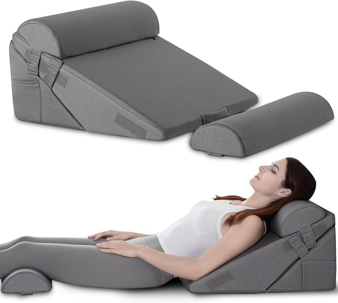 GOHOME Cooling Wedge Pillow Set for After Surgery, 4-Piece Adjustable Memory Foam Bed Wedge Pillow for Sleeping, Acid Reflux, Snoring, Neck Pain and Back Pain, Grey (9 & 12 In (4 Set))