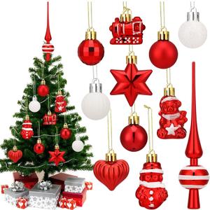 34 Pieces Mini Red and White Christmas Ball Ornaments Set Vintage Small Plastic Hanging Glitter Xmas Ball and Finial Tree Topper for Xmas Vintage Holiday Mini Tree Wreath Decoration