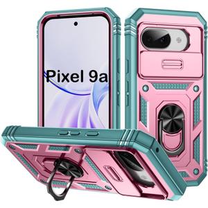 PASNEW Phone Case for Pixel 9A,360 Rotating Ring Kickstand Case & Slide Camera Cover,Military Heavy Duty Full Body Hard Shell Shockproof Phone Cases for Google Pixel 9A,6.3 inch,Pink Green