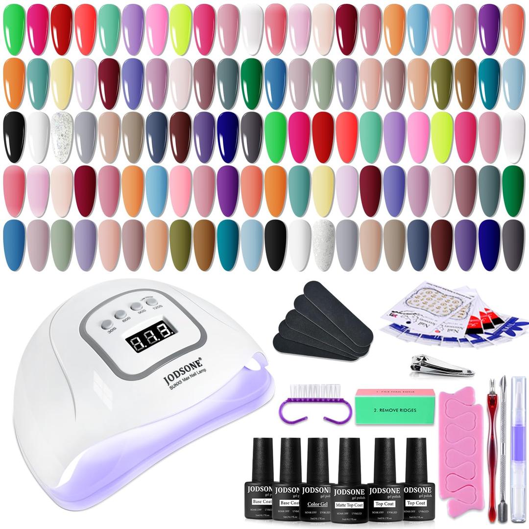 JODSONE 60 Bottles of Gel Nail Polish Kit with U V Light 55 Kinds of Gorgeous and Charming Gel Polish Kit 5 Pieces Soak off Glossy Matte Top Coat Base Coat