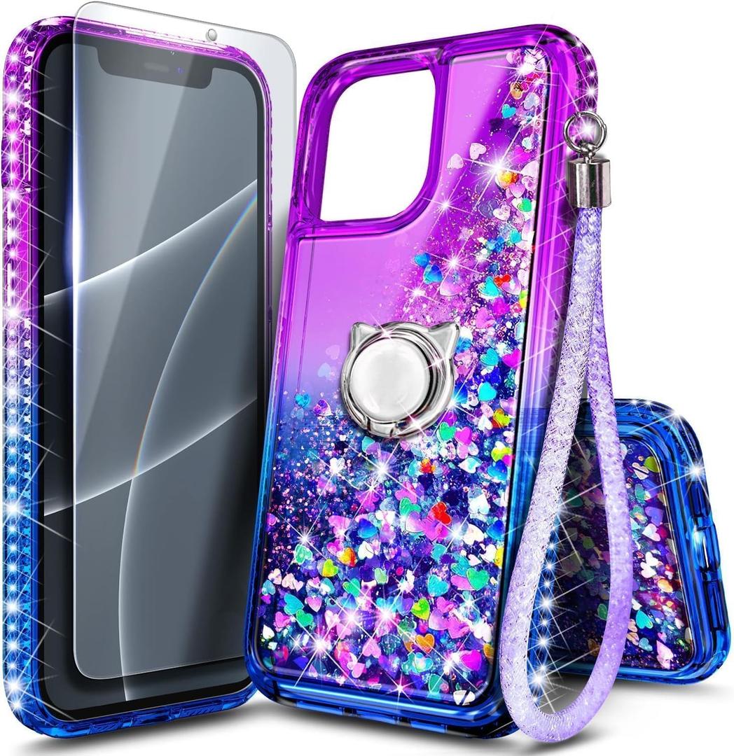 NGB Designed for iPhone 16 Plus Case, Purple/Blue | Glitter Liquid Sparkle Cute Cover for Women Girls Kids | with Tempered Glass Screen Protector & Ring Holder & Wrist Strap