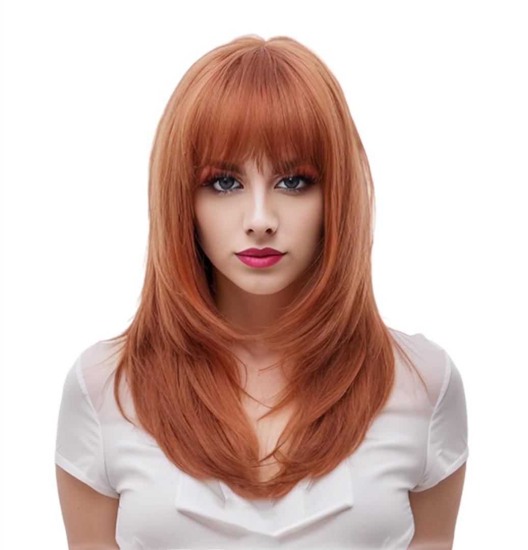 Rugelyss Long Auburn Wig with Bangs Layered Curly Copper Red Wigs for Women Natural Ginger Synthetic Wigs for Daily Use