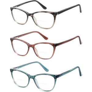 Bifocal Reading Glasses Women Cat Eye Blue Light Blocking Computer Reader Clear Top No Line Transition Ladies Eyewear (Black & Blue & Brown Red)