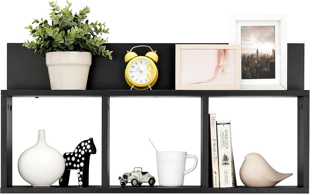 Danya B. Modern 3 Cube Floating Wall Shelf with Display Ledge - Easy to Hang Wall Mounted Triple Cubby Shelf (Black)