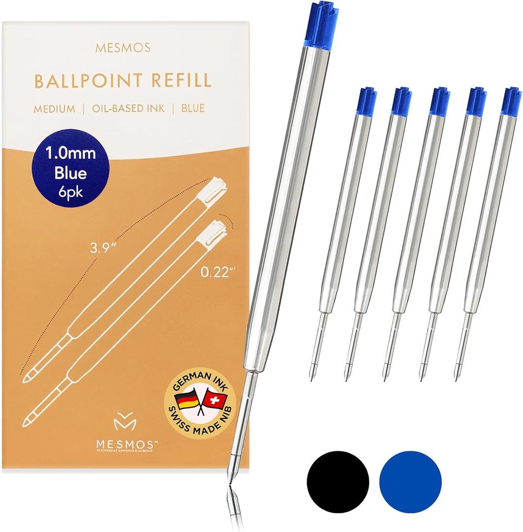 MESMOS 6 Pack 3.9 inch (9.8cm) Pen Refills Ballpoint Blue Ink, Compatible with Ballpoint Parker Pen, Replacement Ink Refills, 1.0mm Smooth Writing Medium Tip, Cartridge (Blue)