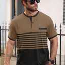 Mens T-Shirts Short Sleeve Button Casual Stylish Basic Tees Work Striped Shirts Henley Summer Lightweight Stretch Top (XXL)