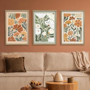 Wildflower Floral Green Botanical Wall Art Print 16"x24" Set of 3 flower Illustrations Minimalist Modern Boho Sign Wood Framed for Living Room Bedroom Office Abstract Wall Hang Decor (Wood)