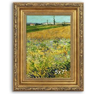 Antique Gold 5x7 Picture Frame, Ornate Embossing 5 x 7 Frame with Tempered Real Glass, Tabletop or Wall Mounting Display for Art Prints or Pictures, 1 Pack