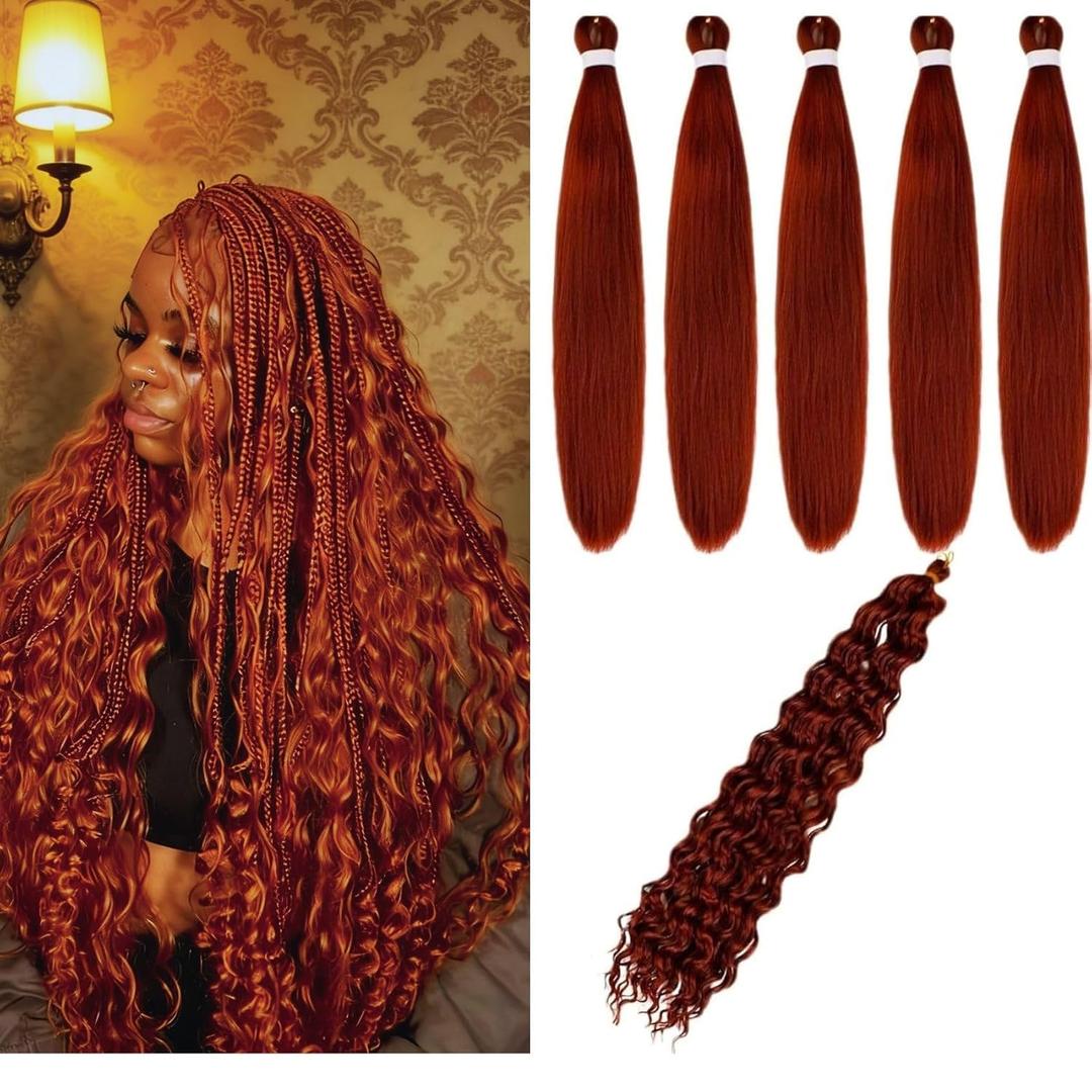Ginger Brown Braiding Hair Pre stretched Braid 52inches 5 Packs with 1 Pack Deep Wave Braiding Hair Hypoallergenic Non Toxic Itch Free for Boho Braids