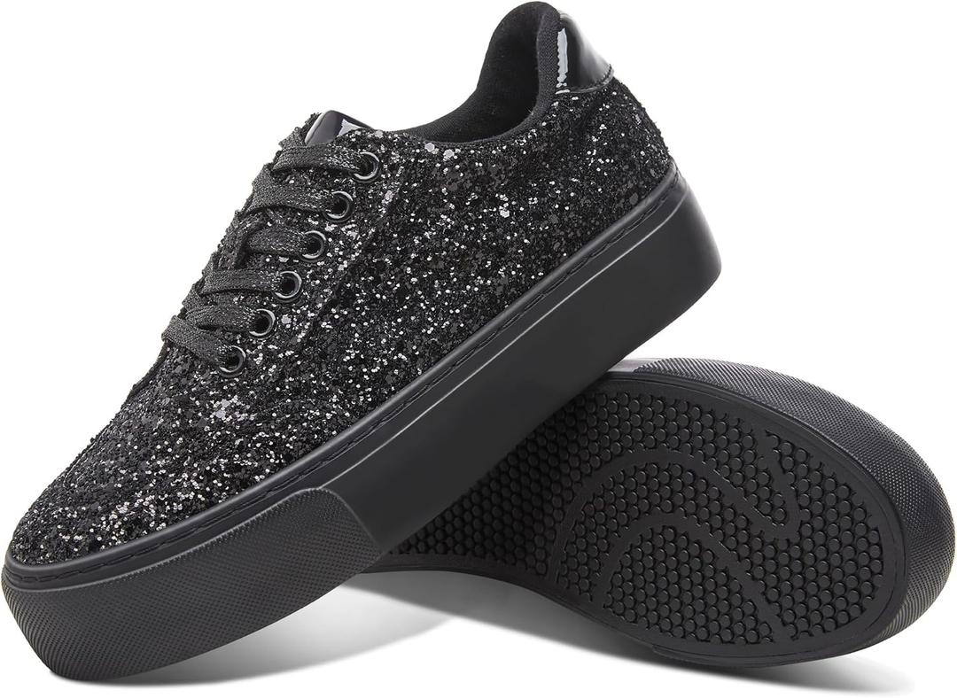 Jeekopeg Glitter Platform Sneakers Women Casual Sequin Sparkly Shoes Bling Thick Sole Walking Shoes Shiny Sequin Wedding Sneakers for Lady (10, All Black Glitter)