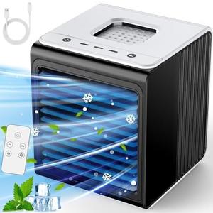 CENSTECH 3-IN-1 Mini Air Conditioner with Remote, Top Splash-Proof Design, Powerful 3 Speeds & Cool Mist, Large Capacity Tank for 6H Cooling, USB Small Portable Air Conditioner for Desk Office Room