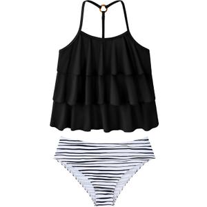 UIQUR Girls Swimsuit Two Pieces Bikini Set Ruffle Bathing Suits Adjustable Straps with Padad Tankini Swimwear (11-12 Years, Black Stripes)