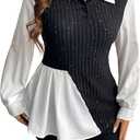 MakeMeChic Women's Plus Size Blouses Colorblock Collared Long Sleeve Peplum Casual Shirts Knit Sweater (Black, L)