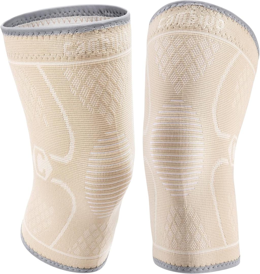 CAMBIVO 2 Pack Knee Brace, Knee Compression Sleeve for Men and Women, Knee Support for Running, Workout, Gym, Hiking, Sports (Beige,Large)