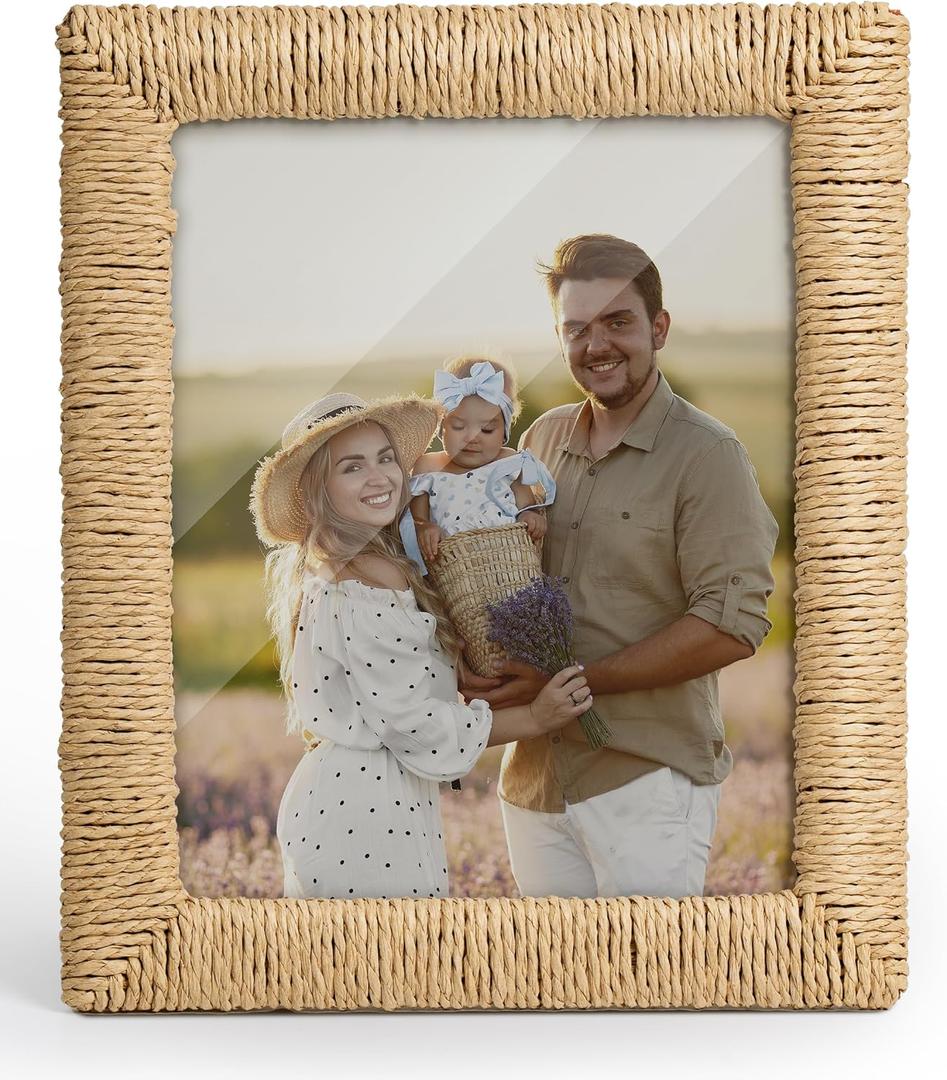 takfot Boho 8x10 Picture Frame, Natural Boho Rattan Photo Frame with Real Glass Paper Rope for Wall and Tabletop Display Gift for Mom Grandma Family Friends