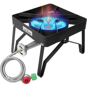 High Pressure 200000 BTU Banjo 1-Burner Outdoor Propane Burner Gas Cooker with 0-30 PSI Adjustable Regulator and Steel Braided Hose (Balck) SA1250 (BLACK)