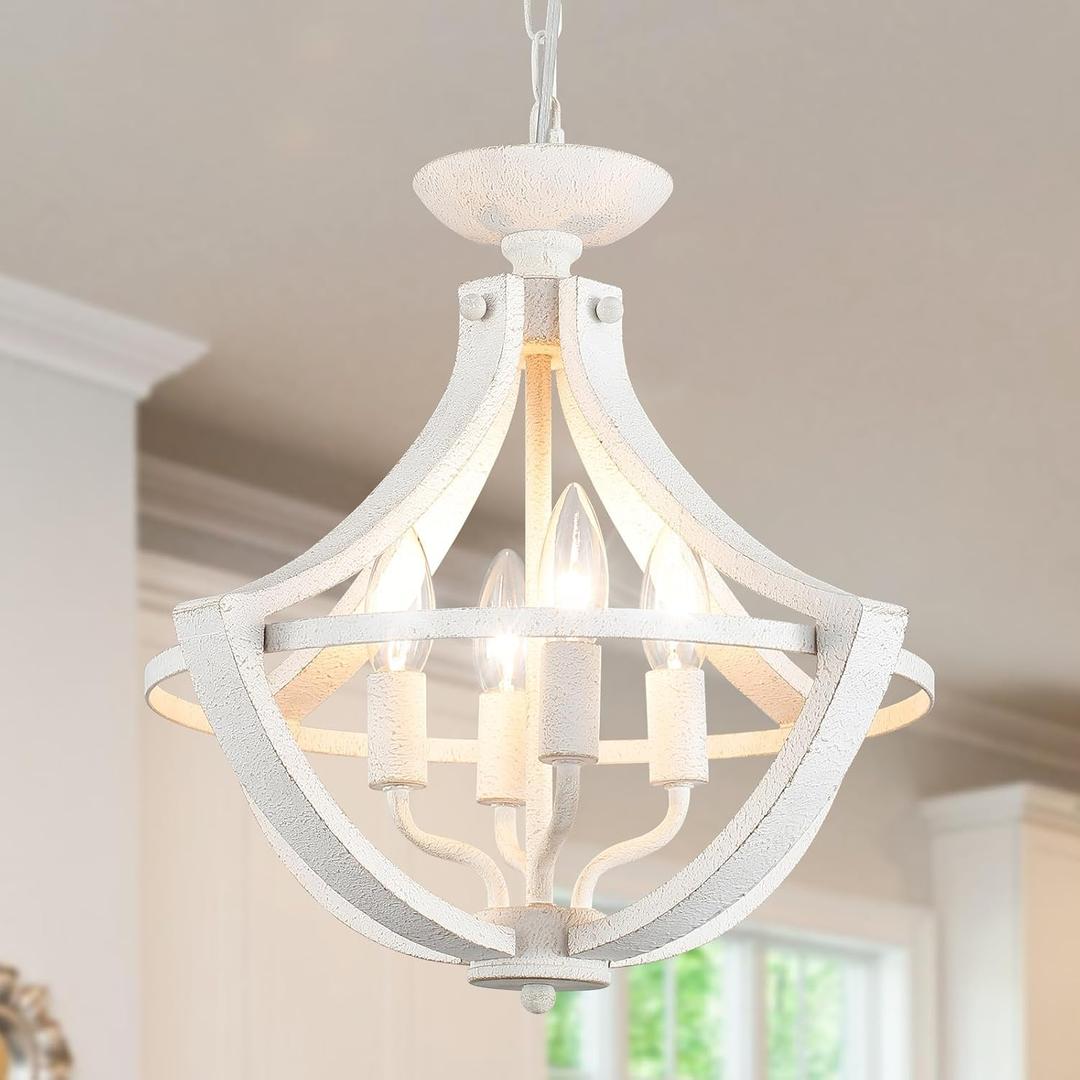 4-Lights French Country Chandelier Farmhouse Chandeliers Handmade Semi Flush Mount Ceiling Light Fixture Wood Pendant Light White Chandeliers for Entryway Foyer Hallway Kitchen Dining Room