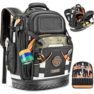 Tool Backpack Bag, HVAC Heavy Duty Construction Tools Backpack for Men, 1680D Professional Level Durable Tool Organizer, with Molded Base & Combination Lock, for Electricians & Home Repair-Version 3.0 (Black)