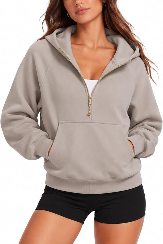 SUUKSESS Women Gold Half Zip up Cotton Hoodies Casual Pullover Sweatshirt 100% Cotton, Fleece Lined jackets with pockets, travel airport outfits, long sleeve loungwear, fall winter outfits, Taupe, Large