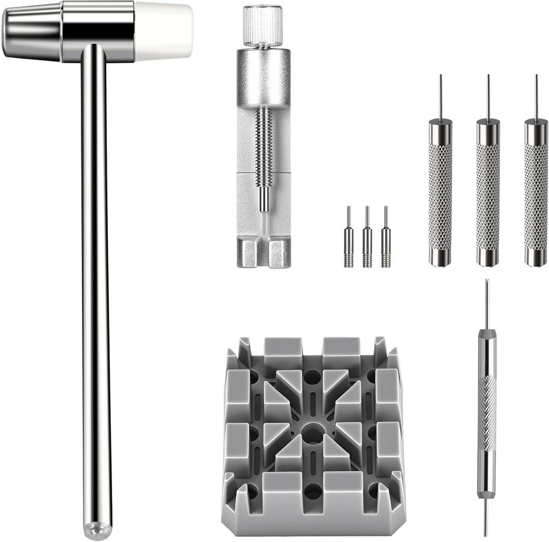 Watch Link Removal Kit, All Metal Watch Strap Link Removal, Sizing Kit with Pin Punches, Extra Pins, Hammer for Watch Band Strap Adjustment