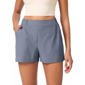 ODODOS Stretch Woven Relaxed Shorts for Women Elastic High Waist Summer Lightweight Casual Shorts with Pockets (Blue, L)