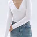 TiulZial Long Sleeve Shirts for Women - V Neck Sexy Crop Top Tight Going Out Trendy Basic Fall Clothing (White, S)